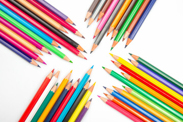 set of colored pencils for drawing on a white background. artistic creativity of drawing. color pencil