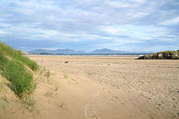 Fototapeta na wymiar The beach at Aberffraw with the mountains of Snowdonia National Park in the distance
