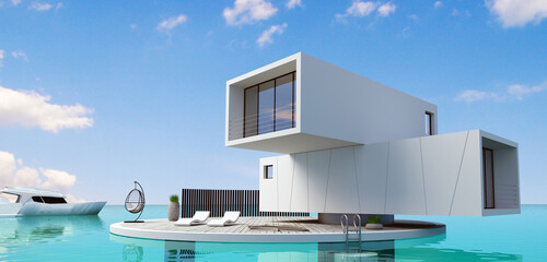 Fototapeta na wymiar Modern houseboat villa on the high seas
