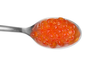 Spoon with delicious red caviar isolated on white, top view