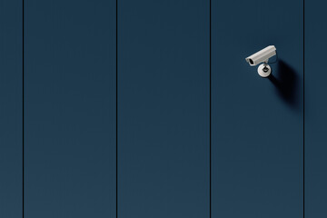 outdoor surveillance camera on blue building facade panels, security system, web banner or...