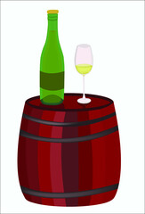 A bottle of wine and a wineglass on a wine barrel. This logo or a concept can be used for wine production companies. Vector illustration, isolated on white background.