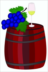 A barrel with winegrapes and a wineglass. This logotype or a concept can be used for wine production companies. Vector illustration.