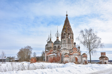 Abandoned church in winter, abandoned temple in outback of Russia