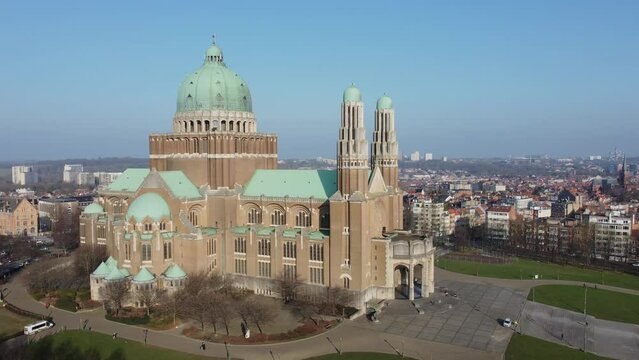 Basilica of the Sacred Heart with Brussels skyline and atomium in th background. drone aerial view