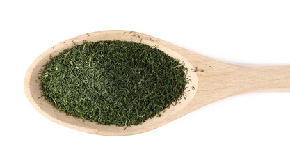 Pile dry dill in wooden spoon isolated on white background, top view 