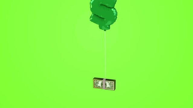 Inflation Balloon Symbol Tied To Money Rises After Inflate. Single mylar balloon inflates on green background tied to stack of money and rise out of view symbolize financial inflation with matte and a