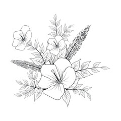 Tropical flowers bouquet. Floral composition. Black lines on white background. Vector illustration.