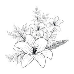  tropical lily petals flower seamless art for tattoo or decor composition . vector illustration romantic botanic island theme black contour graphic plant isolated on white background