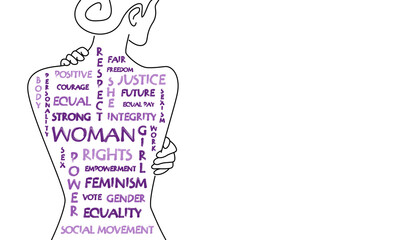 Illustration of a woman back with feminist words written.