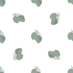 Seamless pattern with leaves and abstract shapes. Abstract Minimalistic Art. Cute kids nursery repeat background. Design in boho style for printing on textile or paper.