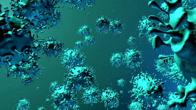 Microscopic view of infectious virus cells. SARS-CoV-2 Coronavirus variant Deltacron. 3D endless loop animation