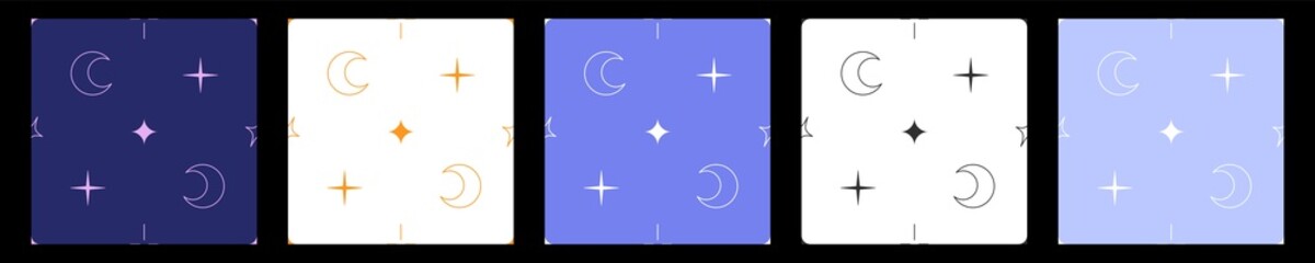 Set of sky patterns. Moon and star patterns in different colors.