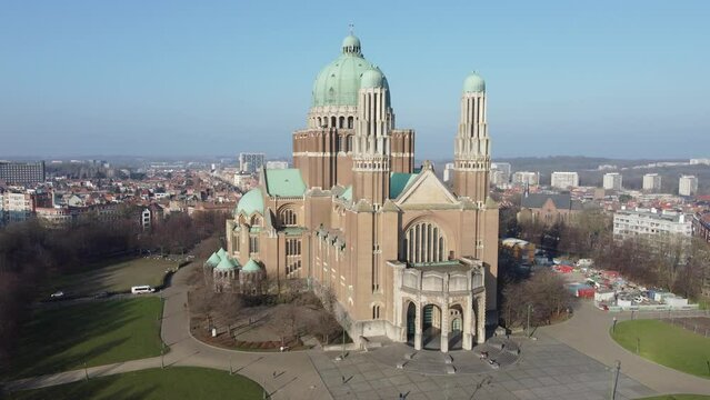 Basilica of the Sacred Heart in Brussels on a clear day with blue sky. Drone aerial