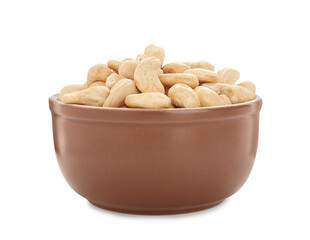Bowl of tasty organic cashew nuts isolated on white