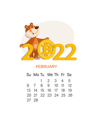 February 2022. Vector cryptocurrency calendar. Bitcoin and the bear market. Calendar page design with bear and bitcoin for business projects. Week starts on Sunday. Vector illustration. 