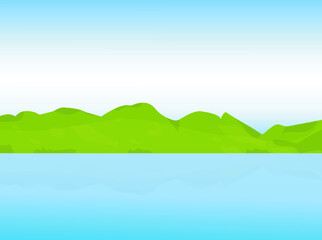 Vector illustration of summer landscape with mountains, sky and river. Beautiful view in cartoon flat style background.