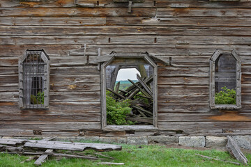 wooden walls of abandoned church, wooden abandoned temple