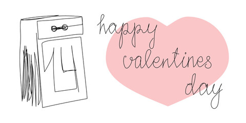Happy valentines day continuous line drawing. One line art of english hand written lettering with tear-off calendar with date and big heart, 14 february greeting card.