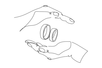 Hands holding a wedding rings continuous line drawing. One line art of love, diamond, accessory, jewel, union of hearts, classic, romance.