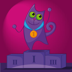 Funny purple cat standing on the winner podium with golden medal around her neck. Original hand drawn illustration.