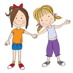 Two happy girls holding hands, smiling. Best friends - original hand drawn illustration
