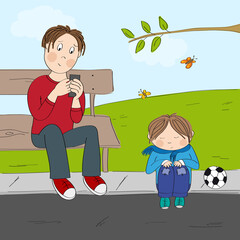 Lonely little boy, unhappy and unnoticed, wants to play with his father who is looking to his smartphone. Original hand drawn illustration.