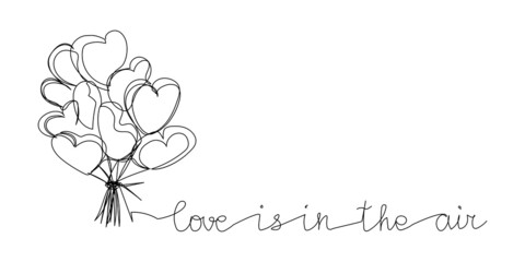 Love is in the air one line art. Continuous line drawing of a bouquet of heart-shaped balloons, heart, love, feelings.