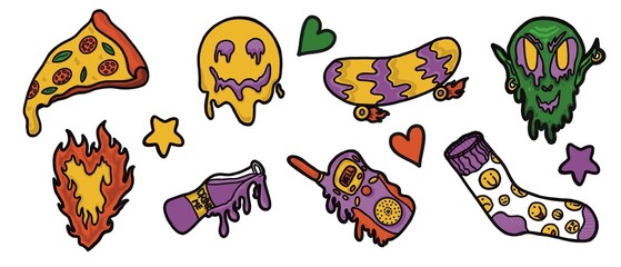 Stickers set icons teenagers in crazy love pizza smile skateboard elf  goblin heart fire drink liquid fiuid mobile phone telephone sock sock stars colorful  yellow red green violet cool pop art 
