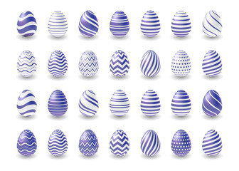 Easter purple eggs set design. 3d lilac eggs collection for Easter holiday. Vector illustration