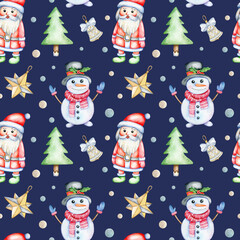 Watercolor seamless pattern with christmas toys ornament on dark blue background.