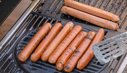 Hotdog sausages on a campfire