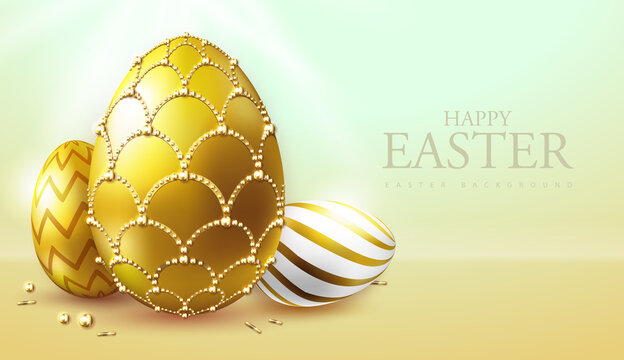Holiday Easter background with golden easter eggs. Faberge egg. Greeting card or poster. Vector illustration