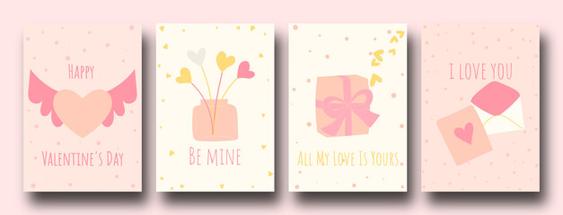 Ornate Happy Valentine's day cards with hearts and texte, simple and minimal with a copy space. Universal modern artistic templates.