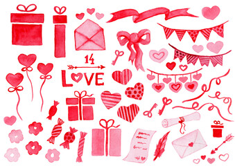 Set elements for Valentine's Day cards: balloons, gift box, heart key, arrow, heart, sweets, letter, message, envelope, ribbons. Great for design, print, textile, postcard. Watercolor illustration.