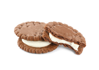Tasty chocolate sandwich cookies with cream on white background