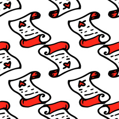 the pattern is in the form of an unfolded scroll with a red heart. seamless hand-drawn manuscript pattern in the style of doodles, black isolated outline in red, with a red heart is often placed on wh