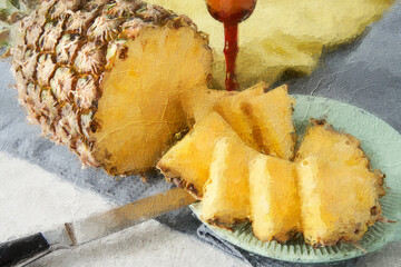 Oil still life: ripe pineapple with sliced pieces on a plate.              