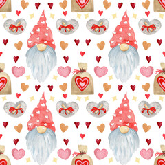 Seamless pattern with gnome and hearts