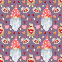 Seamless pattern with gnome and hearts