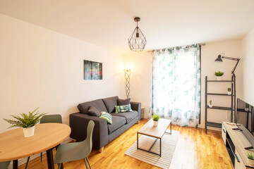 Beautiful industrial style living room, real estate.Black sofa with coffee table and industrial style TV cabinet.round wooden table with a green plant.
(France - 25.08.2019)