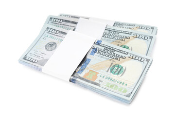 Bundles of dollar banknotes on white background. American national currency