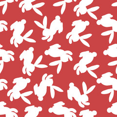 Seamless pattern with white silhouette Easter rabbits on pink background. Design for card, postcard, wallpaper, fabric, textile. Vector stock illustration. Cartoon style