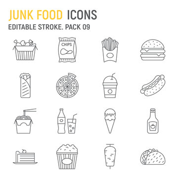 Junk food line icon set, fast food collection, vector graphics, logo illustrations, junk food vector icons, unhealthy eating signs, outline pictograms, editable stroke