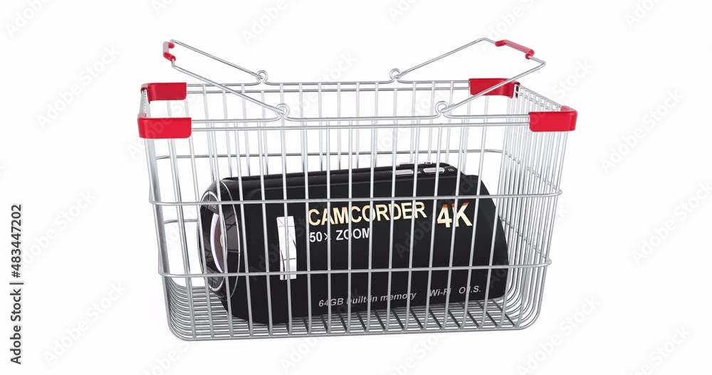 Poster camcorder adding to shopping basket, 3d animation. 3d rendering isolated on white background