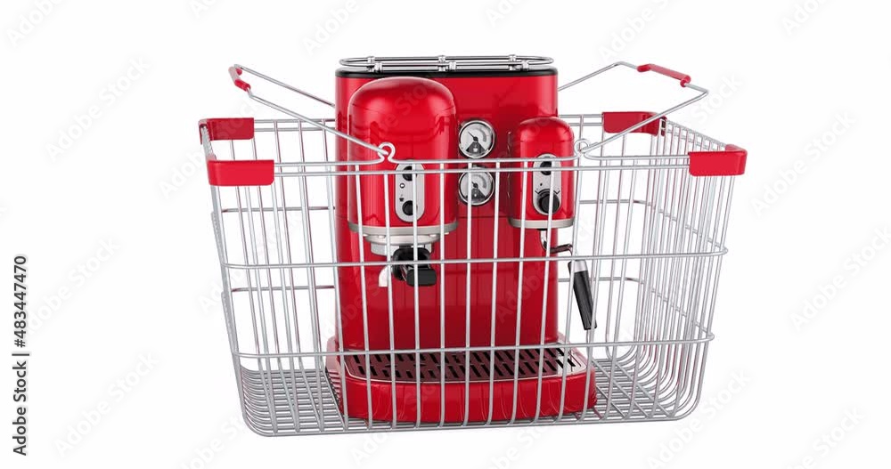 Poster coffee machine adding to shopping basket, 3d animation. 3d rendering isolated on white background