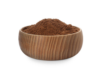 Bowl with nutmeg powder on white background