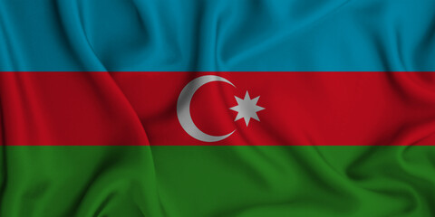 3D illustration of the flag of Azerbaijan waving in the wind.