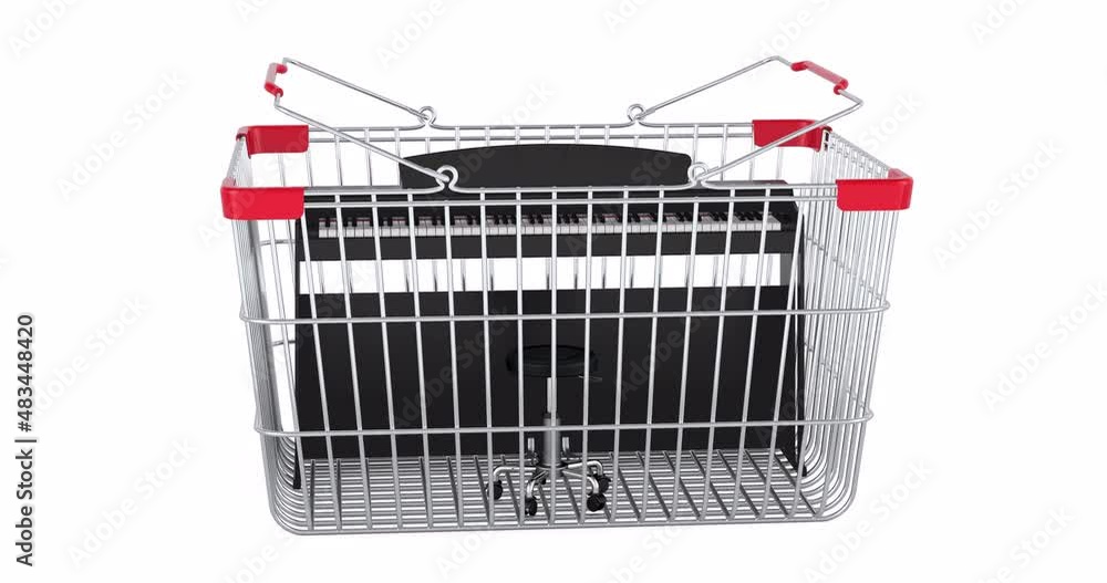 Aufkleber digital piano adding to shopping basket, 3d animation. 3d rendering isolated on white background