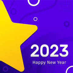 Vector illustration of the New Year 2023 with a yellow star on a dark gradient background